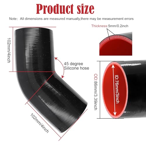 45 Degree ID 3 Inch Elbow Silicone Coupler Hose (76mm) 4-Ply with 2 Steel T-Bolt Clamps for Intercooler Turbo Intake Pipe - size: 45° 3"