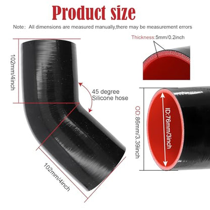 45 Degree ID 3 Inch Elbow Silicone Coupler Hose (76mm) 4-Ply with 2 Steel T-Bolt Clamps for Intercooler Turbo Intake Pipe - size: 45° 3"