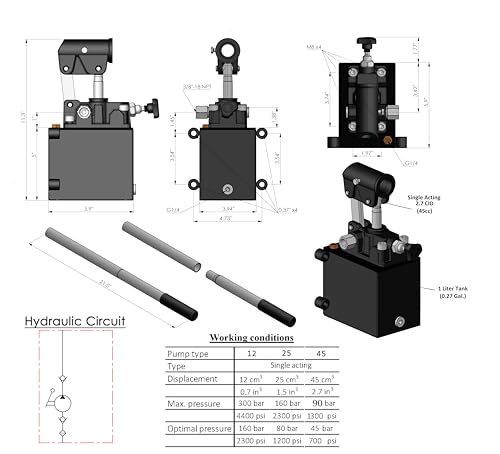 Spare Parts Holland - Single Acting Hydraulic Piston Hand Pump with Release Knob, Hand Operated Hydraulic Pump 3/8" NPTF Ports (2.7 CID 1 Qrt Tank (0.27 Gal) - size: 2.7 CID 1 Qrt. tank (0.27 Gal)
