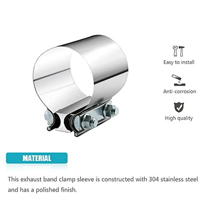 2.5" 2.5 Inch Exhaust Clamp Butt Joint Band Clamp Sleeve Coupler Stainless Steel 1 1/2 Inch for Exhaust Pipes, Mufflers and Catalytic Converters (2 PCS) - size: 2.5"