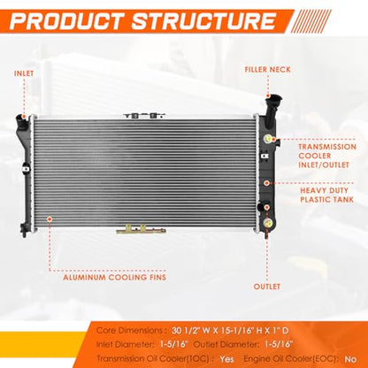 Aluminum Radiator Compatible with 1996-2001 Chevy Lumina/Monte Carlo/Oldsmobile Cutlass Supreme 3.1L 3.4L 3.8L, 1-Row High Flow Direct Fit Replacement Cooling Radiator DPI-2251 - color: 96-01 Chevy Lumina Monte Carlo Cutlass