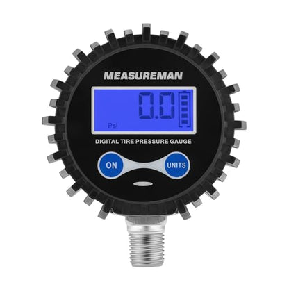 MEASUREMAN 2-1/2" Dial Size Digital Air Pressure Gauge with 1/4'' NPT Bottom Connector and Protective Boot, 0-250psi, Accuracy 1%, Battery Powered with LED Light - size: Long thread, style: 0-250psi