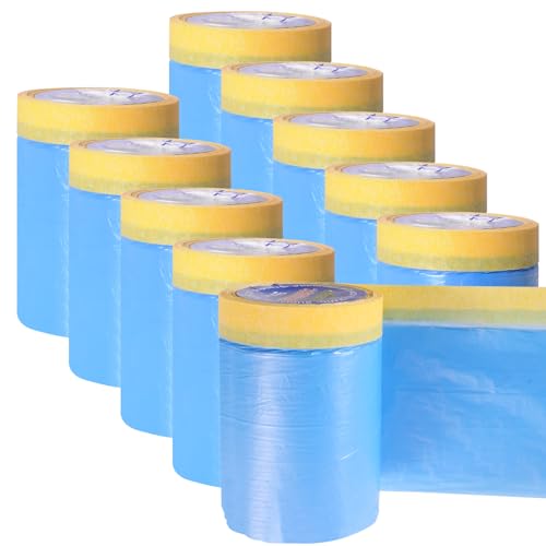 10 Rolls Pre-Taped Masking Film, 20" x 50', Static Cling HDPE Plastic