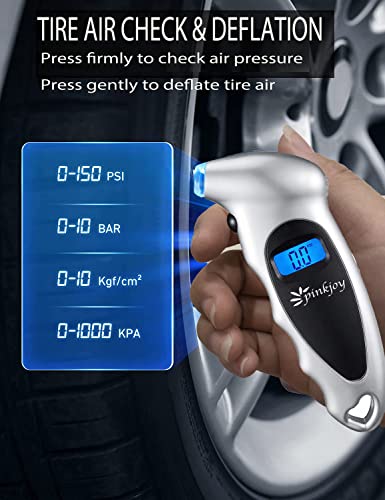PINKJOY Digital Tire Pressure Gauge 4 Pack 150 PSI, 4 Settings, Tire Gauge for Car, Truck, Motorcycle, Bicycle with Backlit LCD and Non-Slip Grip (Silver) - color: Silver 4 Pack