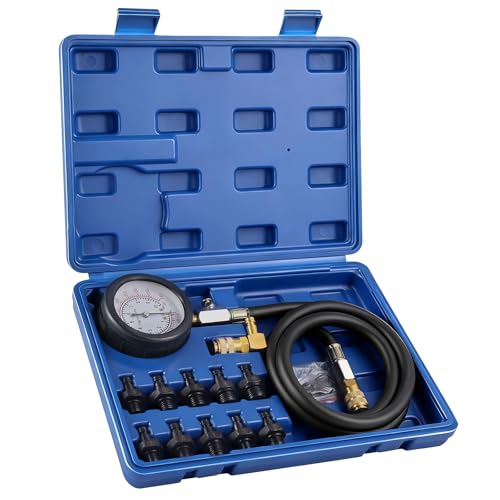 Oil Pressure Tester Kit, 0–140 PSI Engine Oil Pressure Gauge with Hose & Brass Adapters, Automotive Diagnostic Tool for Cars, Motorcycles, Small Diesel Engines, with Storage Case (Blue)