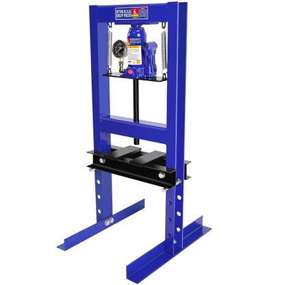 Hydraulic Press with Stamping Plates 6 Ton Hydraulic Shop Press H-Frame with Pressure Gauge Steel H-Frame Garage and Shop Floor Press Convenient Pin System Adjusting Height Blue
