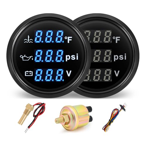 MH Triple Gauge Set - Water Temp (104°F-248°F), Oil Pressure (0-145PSI), Voltmeter (9-32V), Blue Backlight AUTO Gauge with Sensors 2" 52mm 3-in-1 Boat Marine Meter Kit (Black) - color: Black