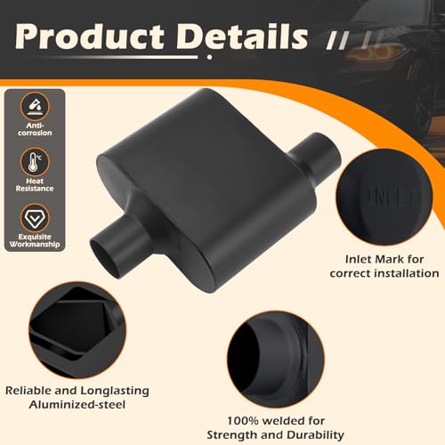 A-KARCK Universal Exhaust Muffler 2.25" Offset Inlet 2.25" Center Outlet, 13" Overall Length Aluminized Steel Aggressive Sound Race Muffler for Cars, Trucks (Black) - size: 2.25" offset in | 2.25" center out | overall 13"