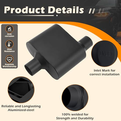A-KARCK Universal Exhaust Muffler 2.25" Offset Inlet 2.25" Center Outlet, 13" Overall Length Aluminized Steel Aggressive Sound Race Muffler for Cars, Trucks (Black) - size: 2.25" offset in | 2.25" center out | overall 13"