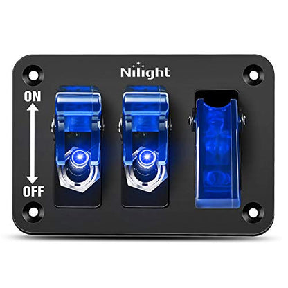 Nilight 3 Gang Toggle Switch 12V Rocker Switch Panel with LED Light and Flip Cover Heavy-Duty ON/Off Switch Plate 3 Pin SPST Rocker Switch，2 Years Warranty - color: Blue 3 Gang