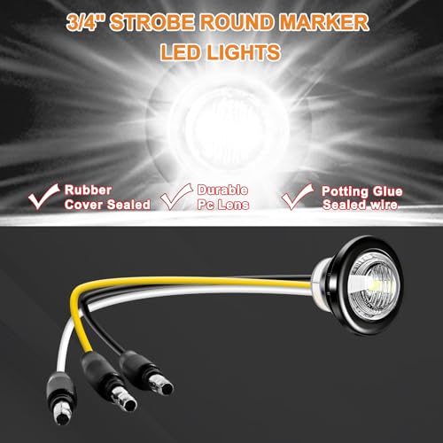 20PCS 3/4" Strobe Flash+Steady Marker Lights Dual Function LED Trailer Side Clearance Tail Round Lights 12V Brake Stop Turn Signal Warning Lamps for Trailer Truck Bus ATV UTV Van RV (20 White) - color: White