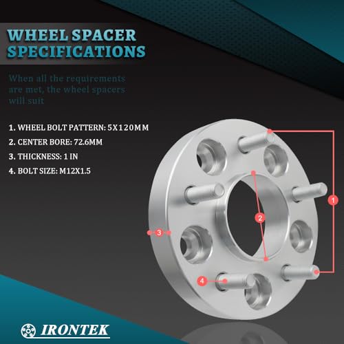 IRONTEK 5x120mm Wheel Spacers Compatible for BMW 323ci,M3, 525i, 525xi, 528i, 530i, 530xi, 535i, M5, 633i, 635i,M6, 730i, 840ci, 840i, 850ci,Forged 1 inch Thread Pitch M12x1.5 Hub Bore 72.6mm 2PCS - size: 5x120-1.5in-2PCS