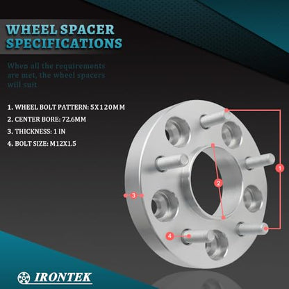 IRONTEK 5x120mm Wheel Spacers Compatible for BMW 323ci,M3, 525i, 525xi, 528i, 530i, 530xi, 535i, M5, 633i, 635i,M6, 730i, 840ci, 840i, 850ci,Forged 1 inch Thread Pitch M12x1.5 Hub Bore 72.6mm 4PCS - size: 5x120-1.5in-4PCS
