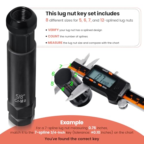 REBRA 6 Spline & 7 Spline Lug Nut Socket Set, Drive Wheel Lock Key, Locking Nut Removal Tool for Easy Installation on Aftermarket Rims (8-Pieces)