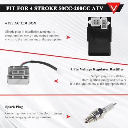 PRO BAT ATV Electric Wiring Harness 6-Pin AC CDI 4-Wire Rectifier - color: W Spark Plug & B Ignition Coil & B Regulator
