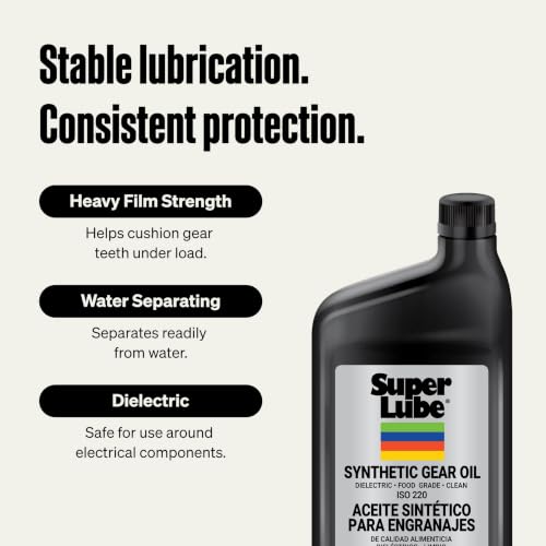 Super Lube Synthetic Gear Oil - Heavy Duty Synthetic Machinery Oil for Truck & Auto Maintenance - NSF H1 Food Grade Gear Lubricant - ISO 220 - Translucent Amber - Bottle - 1 qt (54200) - size: ISO 220 - 1qt Bottle