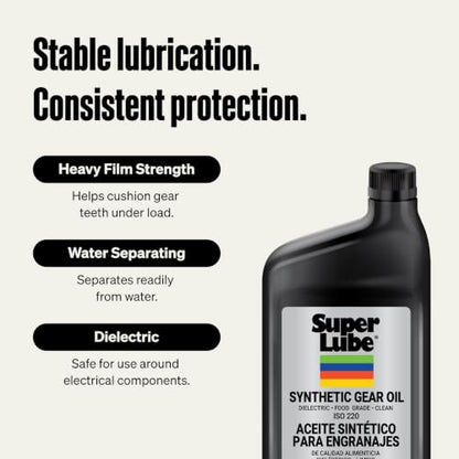 Super Lube Synthetic Gear Oil - Heavy Duty Synthetic Machinery Oil for Truck & Auto Maintenance - NSF H1 Food Grade Gear Lubricant - ISO 220 - Translucent Amber - Bottle - 1 qt (54200) - size: ISO 220 - 1qt Bottle