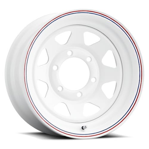 Allied Wheel 80W White 8-Spoke 15x5 5X4.5, 2.8"BS, 3.19"CB, Durable Gloss White Finish Steel Wheel for Cars and Light Trucks, Chrome Cap Included, Protective E-Coating - size: 15X5 | 5X4.5 | -3mm (3"BS)