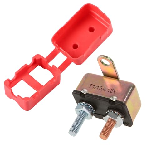 GLOSO Stud Type Circuit Breakers Auto Reset for Car Truck RV Automotive Marine Boat Trolling Motor & Custom Wiring Audio Battery Protection Crosswise Bracket, (T1) - 1 Pack (15A) E512 - color: 1 Pack (Breaker + CAP), size: 15A