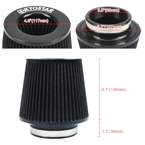 KYOSTAR Universal 3.5" (89mm) High-Flow Air Filter, Reusable Cone Cold Air Intake, High Performance Washable Clamp-On Car High Flow Air Kit, Flange Diameter: 3.5 Inch, Filter Height: 6.4 Inch, Black - color: 3.5" (89mm), Black