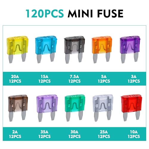 WZP 120PCS Fuses Automotive Kit, Mini Fuses Assortment Kit, Blade Fuse, Universal for Sedan, RV, Motorcycle, Marine, RV, Boat (2A/3A/5A/7.5A/10A/15A/20A/25A/30A/35A)