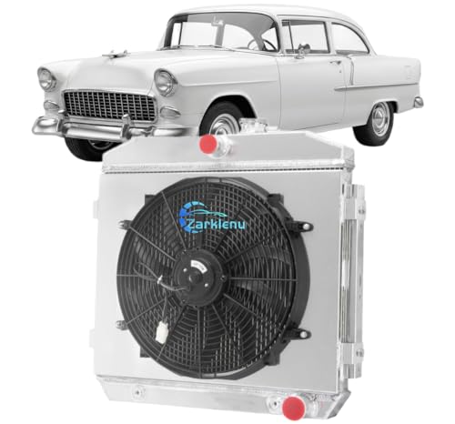 3 Row Aluminum Radiator Shroud Fan for 1955 1956 1957 Chevy Bel Air Nomad Del Ray V8 CU5057 1955-1957 Performance Racing Cooling System Replacement with High Airflow 16 Inch S-Type Fan Kit