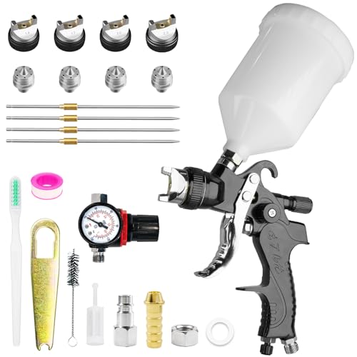 HVLP Spray Gun Kit with 1.4/1.7/2.0/2.5mm Nozzles & Air Pressure, Automotive Paint Gun Gravity Feed Air Spray Paint Gun for Cars, Furniture, DIY Painting Primer, Clear/Top Coat (Black) - color: Black