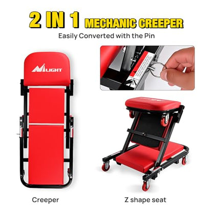 Nilight 40" Z Creeper 2-in-1 Folding Rolling Mechanic Seat - color: Red