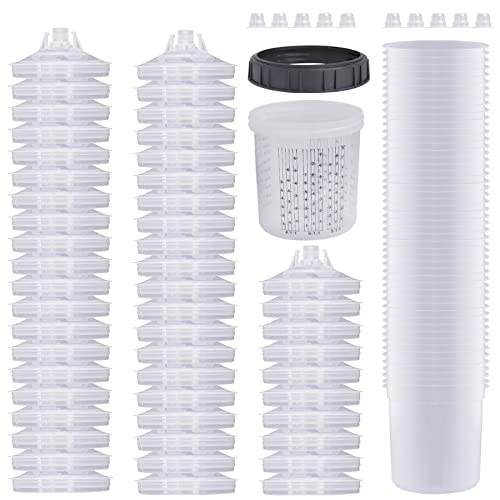 Disposable Paint Sprayer Mixing Cup for Automotive Paint Gun, HVLP Paint Spray Paint Gun 20 Ounce (600ml) Kit with 50 Cups and Lids System, 1 Hard Cup with Retainer Ring and 10 Plugs - size: 20 Ounce Kit