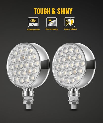 Partsam 2Pcs Double Face Round LED Pedestal Lights Fender Stop Turn Signal Tail Brake Lights Clear Lens 48 LED Post Mount Semi Trailer Replacement for Trailers Trucks, 10-30V - size: 4"