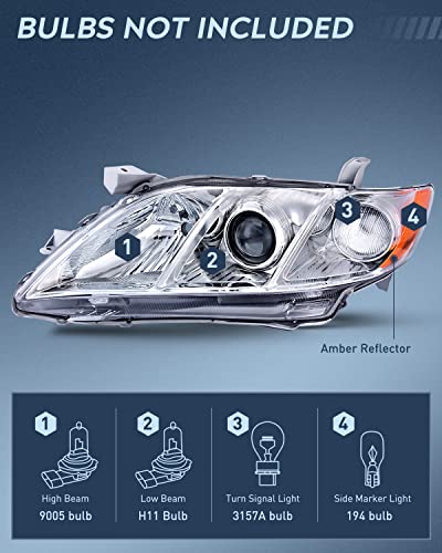 Nilight Headlight Assembly Compatible with Toyota Camry 2007-2009 - color: Chrome Housing + Amber Reflector