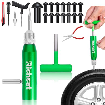 Richcat Tubeless Tire Puncture Repair Kit with Mushroom Plug, Repairs punctures and Flat Tires for Motorcycles, Cars, Trucks, ATVs and Tractors - size: 15Plugs Kit