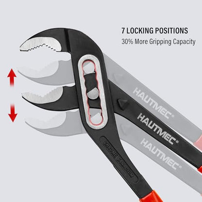 HAUTMEC 3PCS Water Pump Pliers Set, Fast Adjustable Tongue and Groove Joint Pliers Tool Set, Self-Locking Groove, CRV Steel V-Jaw & Comfort Grip, Wider Opening & 7 Positions, 7/10/12 Inch for Plumbing - style: HT0323