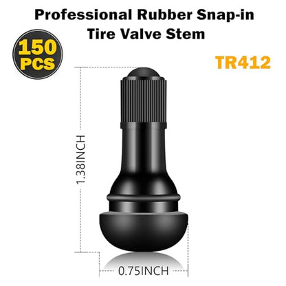 Tire Valve Stems Rubber Black Rubber Snap-in Valves,Tubeless Valve Stems Suit for 0.453 inch Rim Holes on Standard Vehicle Tires (150pcs（TR412-150pcs）) - size: 150pcs（TR412-150pcs）