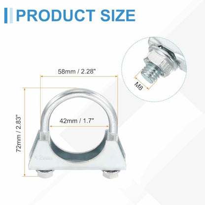 HARFINGTON U Bolt Muffler Exhaust Clamp 42mm(1-5/8") Galvanized Iron U-Bolt Clamps Muffler Tip Hook Saddle Exhaust Clip for Tip Pipes Connection - size: 42mm