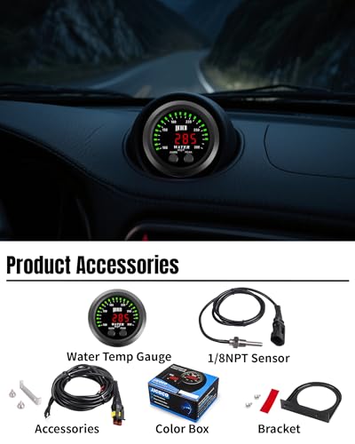 Water Temperature Gauge with 1/8NPT Sensor & Bracket 300°F Digital LED Display Water Coolant Temperature Gauge for Cars Trucks Ships Vehicle Automotive Boat Marine 2”/52mm - color: Green+Red