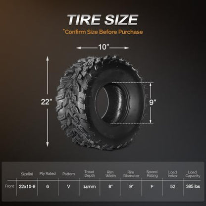 TUFFIOM Set of 2 ATV UTV Tires, 22x10.00-9/6PR All-Terrain Mud Tires with Directional Tread, Drainage, Strong Srip and Snow-breaking for Rainy/Snowy Areas, Tubeless Trail Tire - size: 22x10.00-9 (2 pack)