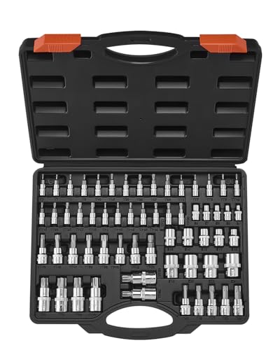 VEVOR Torx Bit Socket and External Torx Socket Set, 60-Piece T6-T70, TT6-TT70, TP8-TP60, E4-E24, S2 Alloy Steel and Cr-V Steel, 1/4 in, 3/8 in, and 1/2 in Drives, with Enhanced Storage Case, Hand Use - size: 60 PCS