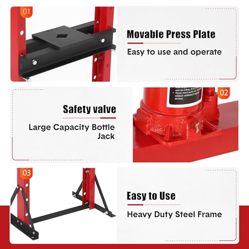 12 Ton Hydraulic Shop Press, Heavy-Duty H-Frame Garage Floor Press with Stamping Plates, Adjustable Height Bearing Press for Metal Straightening, Bending, Parts Pressing & Automotive Repair