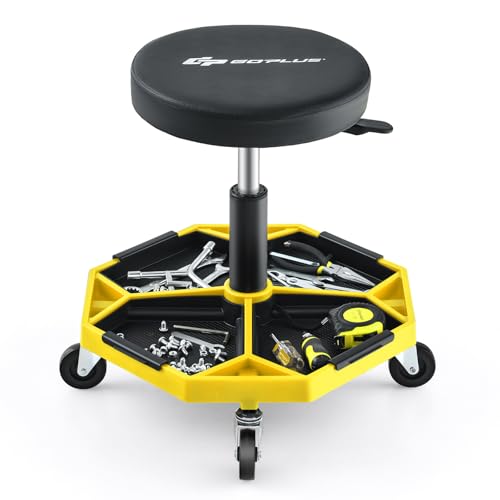 Goplus Mechanic Stool with Wheels, Magnetic Tool Tray, 330LBS Capacity - color: Yellow, size: Tool Tray