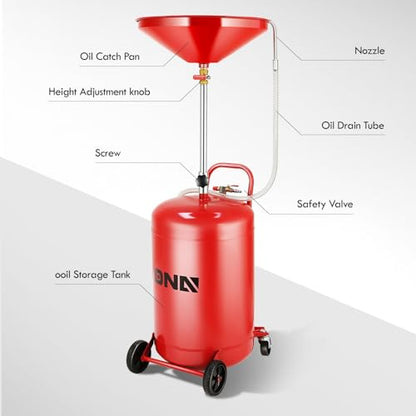 DNA Motoring 21 Gallon Waste Oil Drain Tank, Air Operated Portable Oil Drainer with Adjustable Funnel Height, Fluid Transfer and Drainage Capability on Wheels, TOOLS-00659