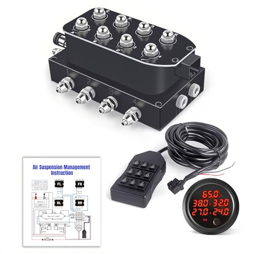 12V Air Management featuring 8-Valve Air Ride Suspension Manifold, with 16.5FT switch Wired Remote Controller and Five-Way Red Display Air Pressure Gauges - color: Red