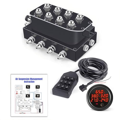 12V Air Management featuring 8-Valve Air Ride Suspension Manifold, with 16.5FT switch Wired Remote Controller and Five-Way Red Display Air Pressure Gauges - color: Red
