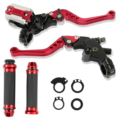 DREAMIZER Universal 7/8" 22mm Motorcycle Handlebar Brake Master Cylinder Clutch Levers CNC Left & Right Set + Hand Grips Compatible with Harley Honda Kawasaki Yamaha Suzuki (Red) - color: Red