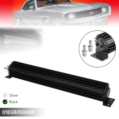 Universal 18'' Aluminum Dual Pass Finned Transmission Oil Cooler W/Fittings Black - color: Black, size: 18''