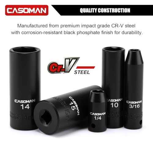 CASOMAN 1/4 Inch Drive Master Impact Socket Set, 50-Piece, 6-Point, SAE/Metric, 5/32 Inch - 9/16 Inch, 4mm - 15mm, Standard/Deep,CR-V - size: 1/4"Dr. Metric & SAE