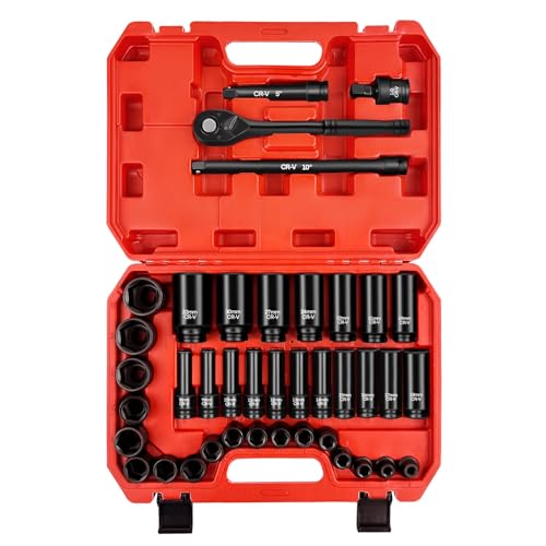 WETT 1/2" Drive Metric Impact Socket Set, 6‑Point, 8‑32mm with Ratchet - size: 1/2" Drive Metric Socket Set (40pcs)