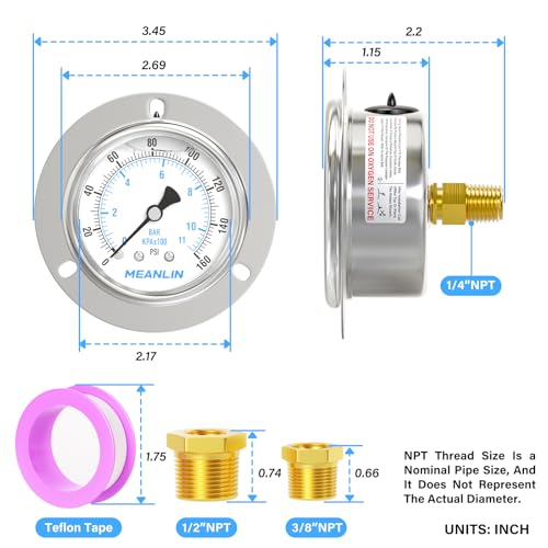 MEANLIN MEASURE 0~160Psi Liquid Filled Pressure Gauge Front Flange Panel Mount, 1/4" NPT 2.5" FACE DIAL Stainless Steel Case with Phillips Screw, Nut and Brass Hex Bushing, +/-3-2-3% - style: 0~160Psi