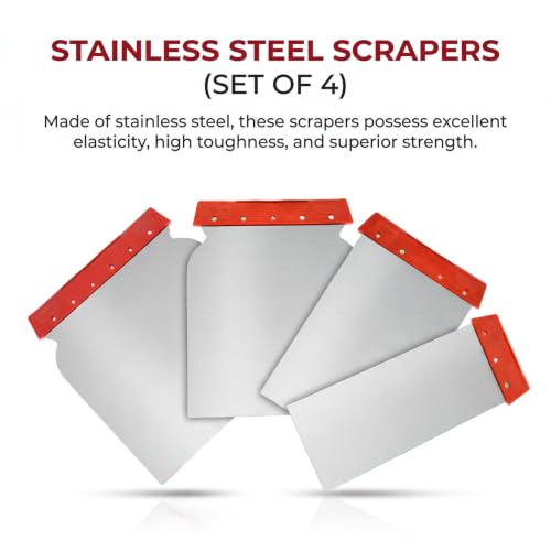 4 Pcs Metal Body Filler Spreader Set, Stainless Steel Putty Knife Kit for Bondo & Glaze, Reusable Auto Body Repair Tools (Red) - color: Red
