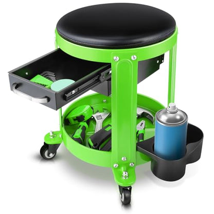 Auto Dynasty Mechanic Stool Chair w/Tool Tray & Rotatable Seat, Green - color: Green
